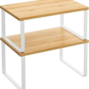 SONGMICS Cabinet Organizer Shelf, Set of 2 Kitchen Counter Shelves, Kitchen Storage, Spice Rack, Stackable, Expandable, Metal and Engineered Wood, Cloud White and Natural Beige UKCS02NW