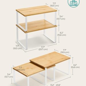 SONGMICS Cabinet Organizer Shelf, Set of 2 Kitchen Counter Shelves, Kitchen Storage, Spice Rack, Stackable, Expandable, Metal and Engineered Wood, Cloud White and Natural Beige UKCS02NW
